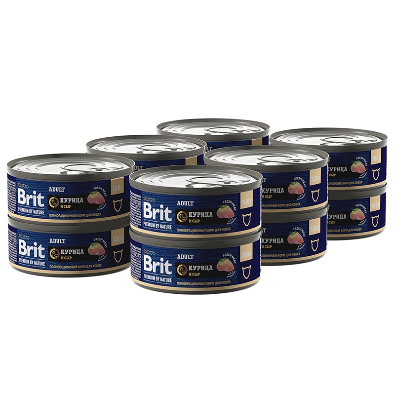 Консервы для кошек Brit Premium by Nature с мясом курицы и сыром, 12 шт по 100 г