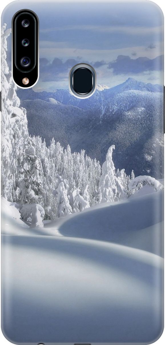 

Силиконовый чехол на Samsung Galaxy A20s с принтом "Заснеженный лес и горы", Белый;голубой, 2844