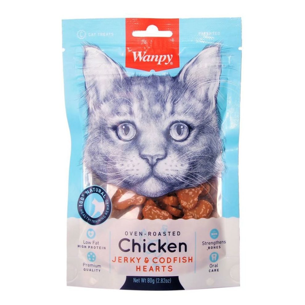 Лакомство для кошек Wanpy Cat Сердечки из курицы с треской, 80 г