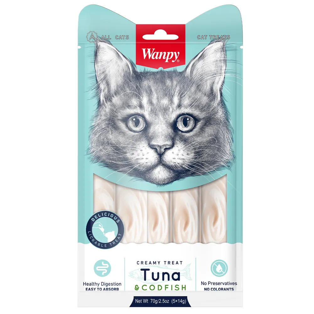 Лакомство для кошек Wanpy Cat Нежное пюре из тунца и трески, 70 г