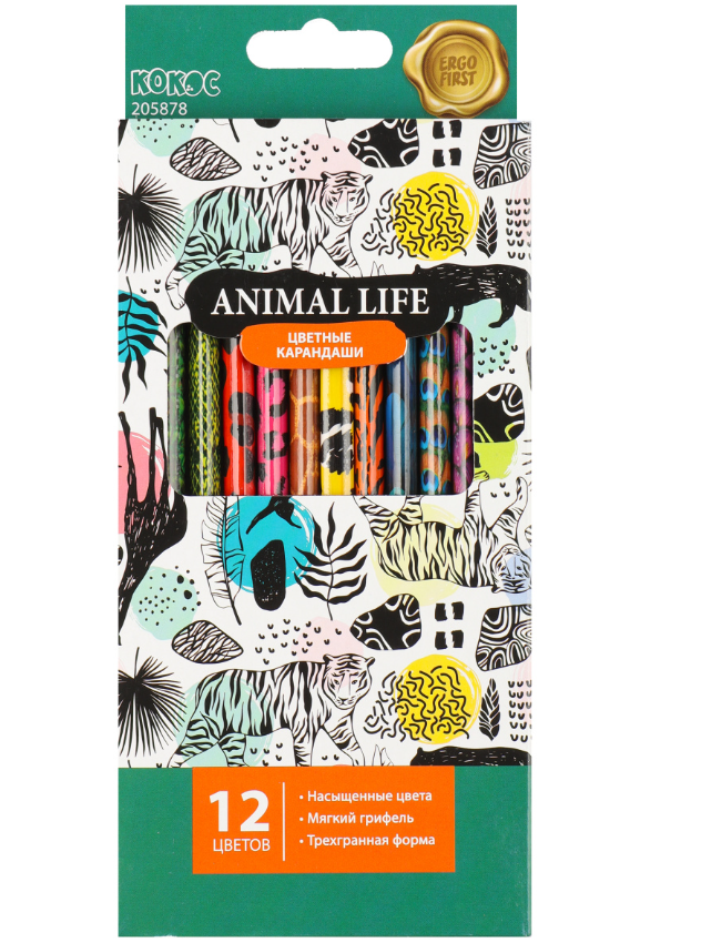 

КОКОС 12 цветов "Animal life" трехгранные, в коробке, Разноцветные