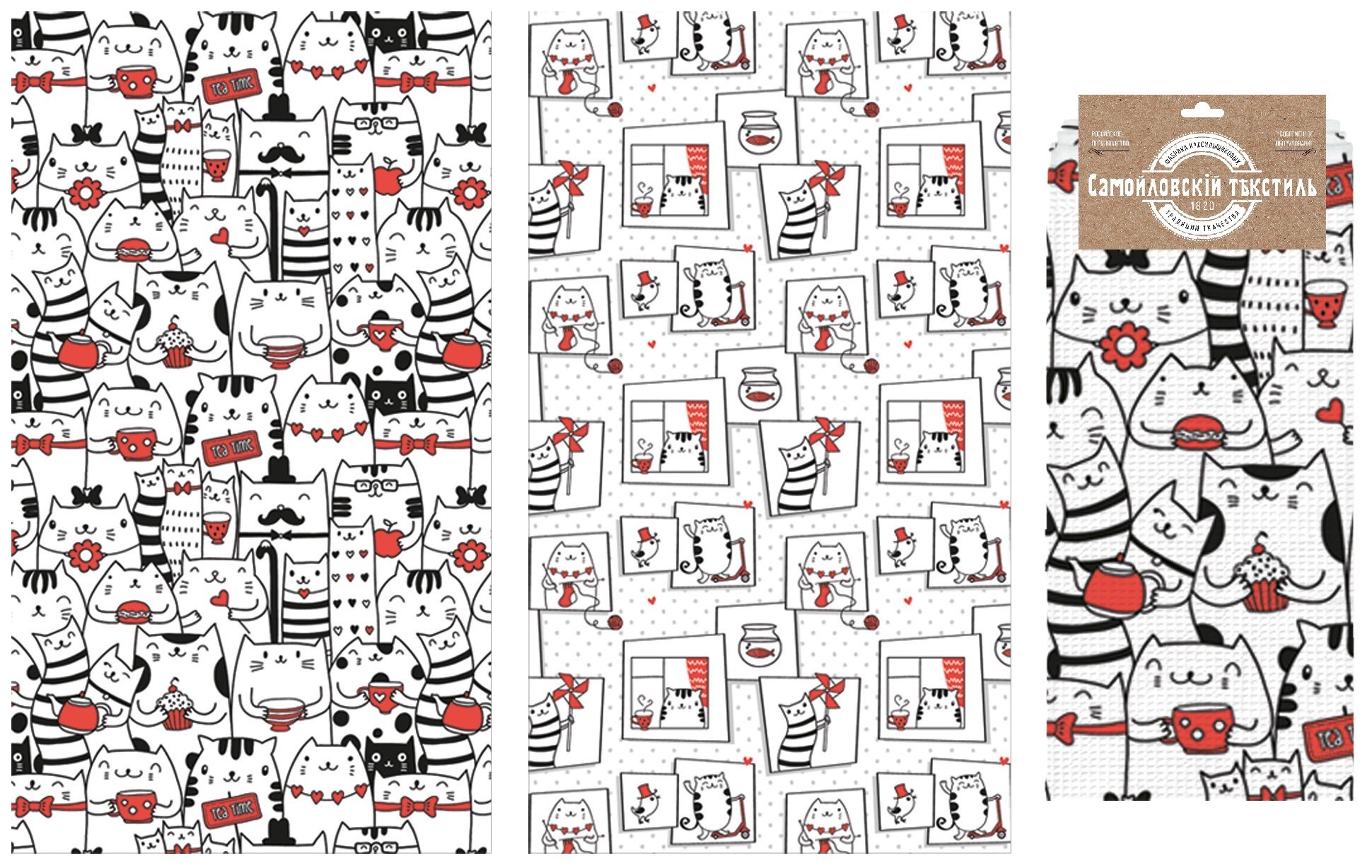 

Комплект кухонных полотенец Самойловский текстиль Коты 775253, 2 шт., 40х70 см., Белый;красный;черный, Коты