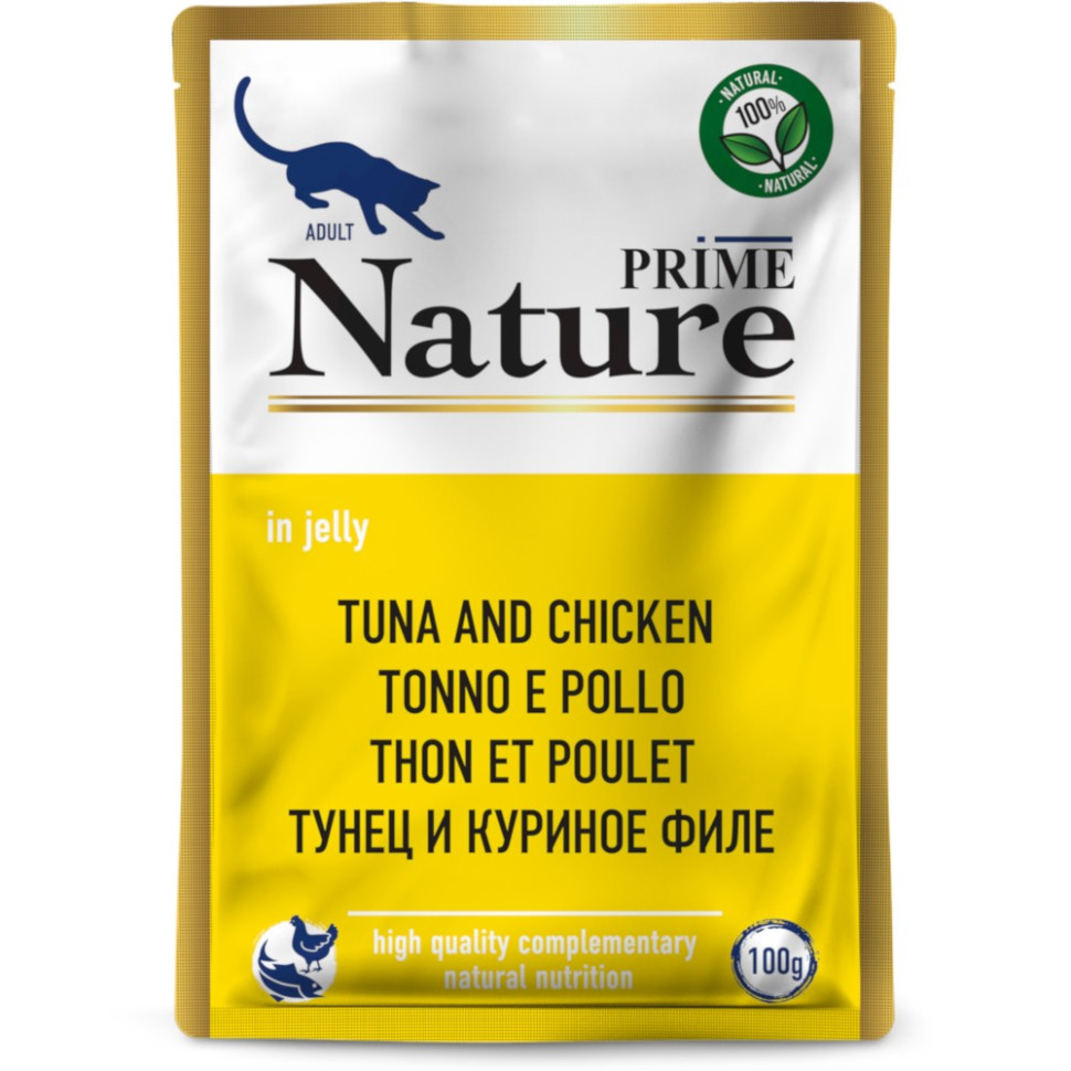 Влажный корм для кошек Prime Nature с тунцом и куриным филе в желе, 24шт по 100г