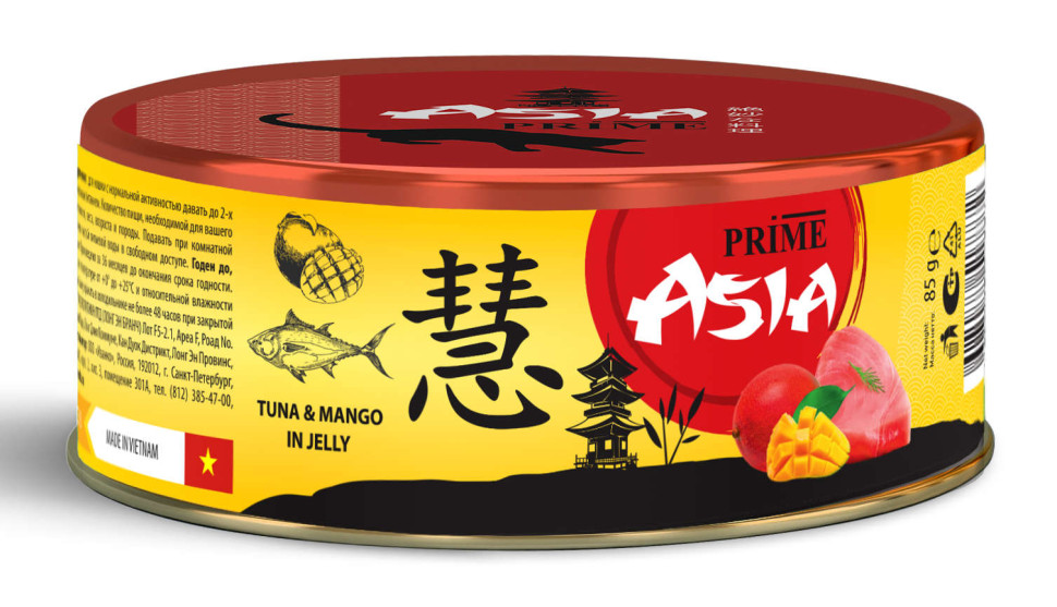 

Консервы для кошек Prime Asia тунец с манго, в желе, 24шт по 85г