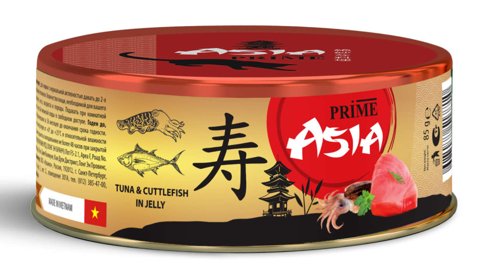 

Консервы для кошек Prime Asia тунец с каракатицей, в желе, 24шт по 85г