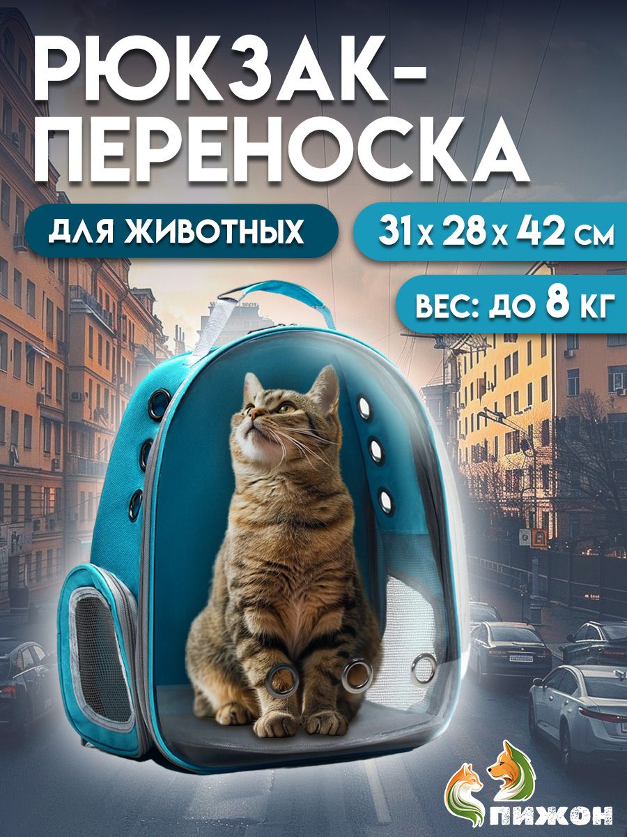 

Рюкзак для переноски кошек и собак Пижон прозрачный голубой 31х28х42 см
