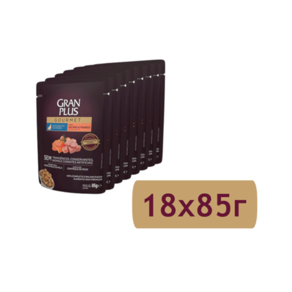 

Влажный корм для стерилизованных кошек Granplus Gourmet лосось и цыпленок - 85 г x 18 шт