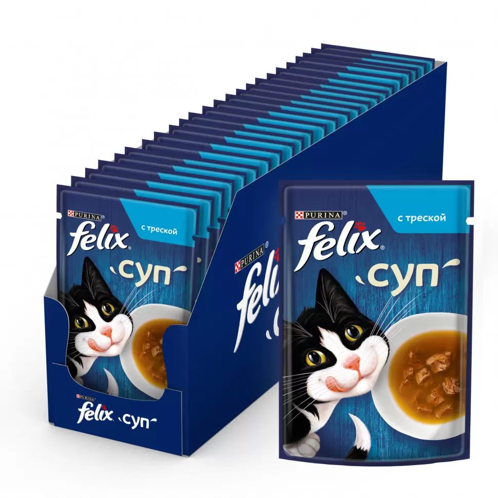 Влажный корм для взрослых кошек Felix суп с треской, в паучах - 48 г х 36 шт
