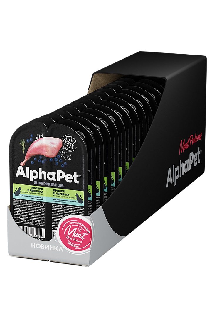 Консервы для кошек AlphaPet Superpremium для пищеварения, кролик и черника, 15шт по 80г