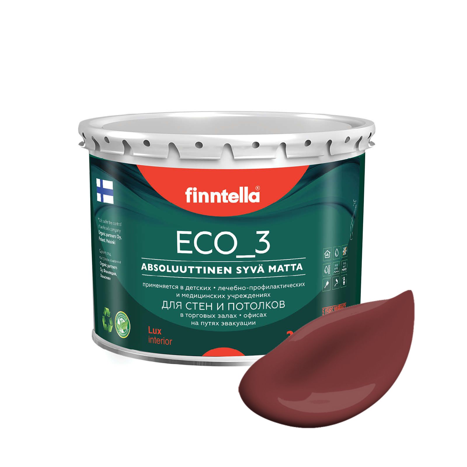 

Краска интерьерная глубокоматовая ECO_3 wash and clean FINNTELLA моющаяся, VIINIA бордовый, Красный, матовая для стен моющаяся ECO 3, для обоев под покраску