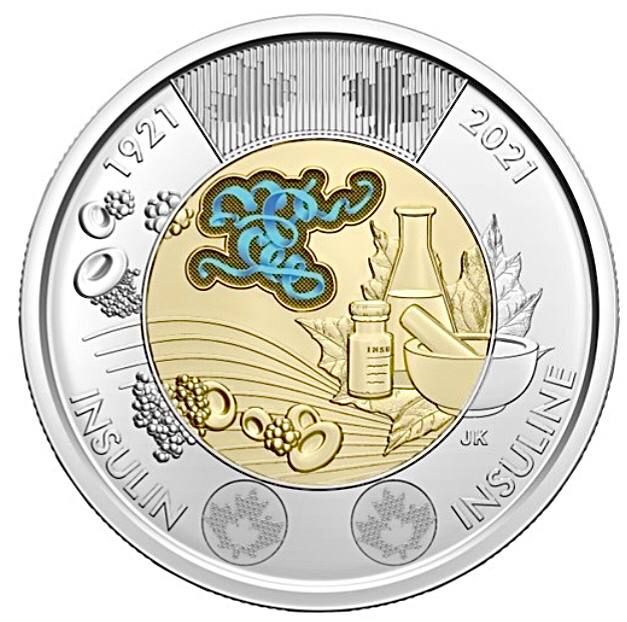 

Монета 2 доллара цветная, 100 лет открытию инсулина, Канада 2021 UNC