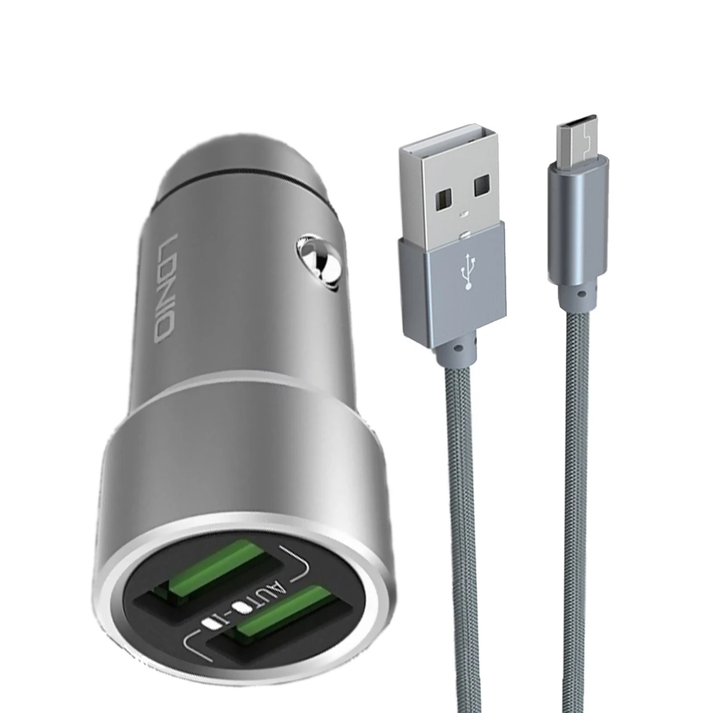 фото Азу "ldnio" 2 usb 3,6а металл + кабель apple lightning 8-pin c302 6g (серебро/коробка)