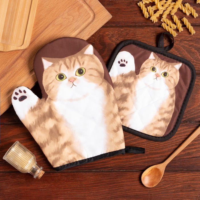 

Кухонный наборКотики Муся, прихватка 17х17 см, варежка 24*18 см, п/э, Бежевый;красный