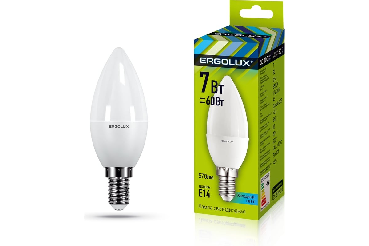 

ERGOLUX Ergolux LED-C35-7W-E14-6K (Эл.лампа светодиодная Свеча 7Вт E14 6500K 172-265В) 128