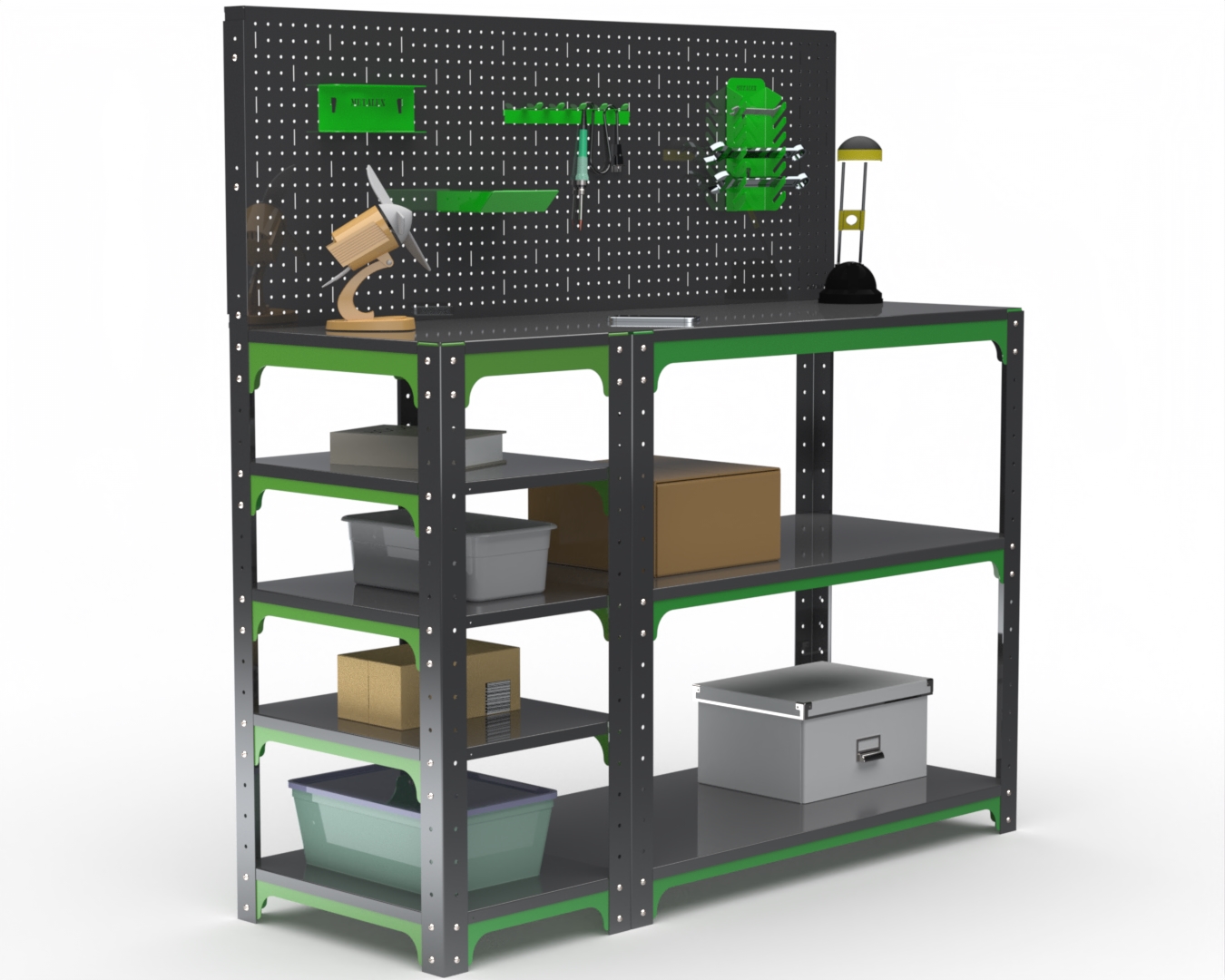 

Стол-верстак Metalex серия KIT 950х1700х600 с бок. полками, перфопанелью, серо-зеленый