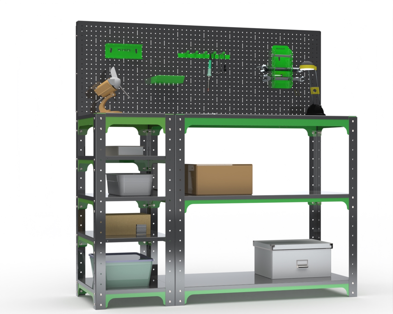 

Стол-верстак Metalex серия KIT 950х1600х600 с бок. полками, перфопанелью, серо-зеленый