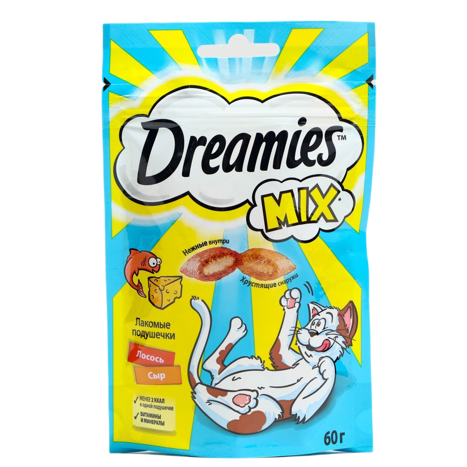 Лакомство для кошек Dreamies Лакомые подушечки, лосось, сыр, 60 г