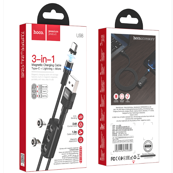 фото Кабель usb 3 в 1 (micro + lightning + type-c) hoco u98 1.2m 2.4a магнитный черный