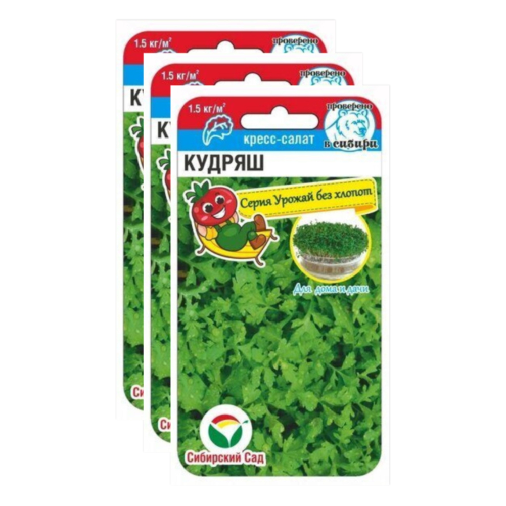 Комплект Семена Кресс-Салат Кудряш Сибирский сад Среднеранние 23-02728 0,5 гр в уп, 3 уп