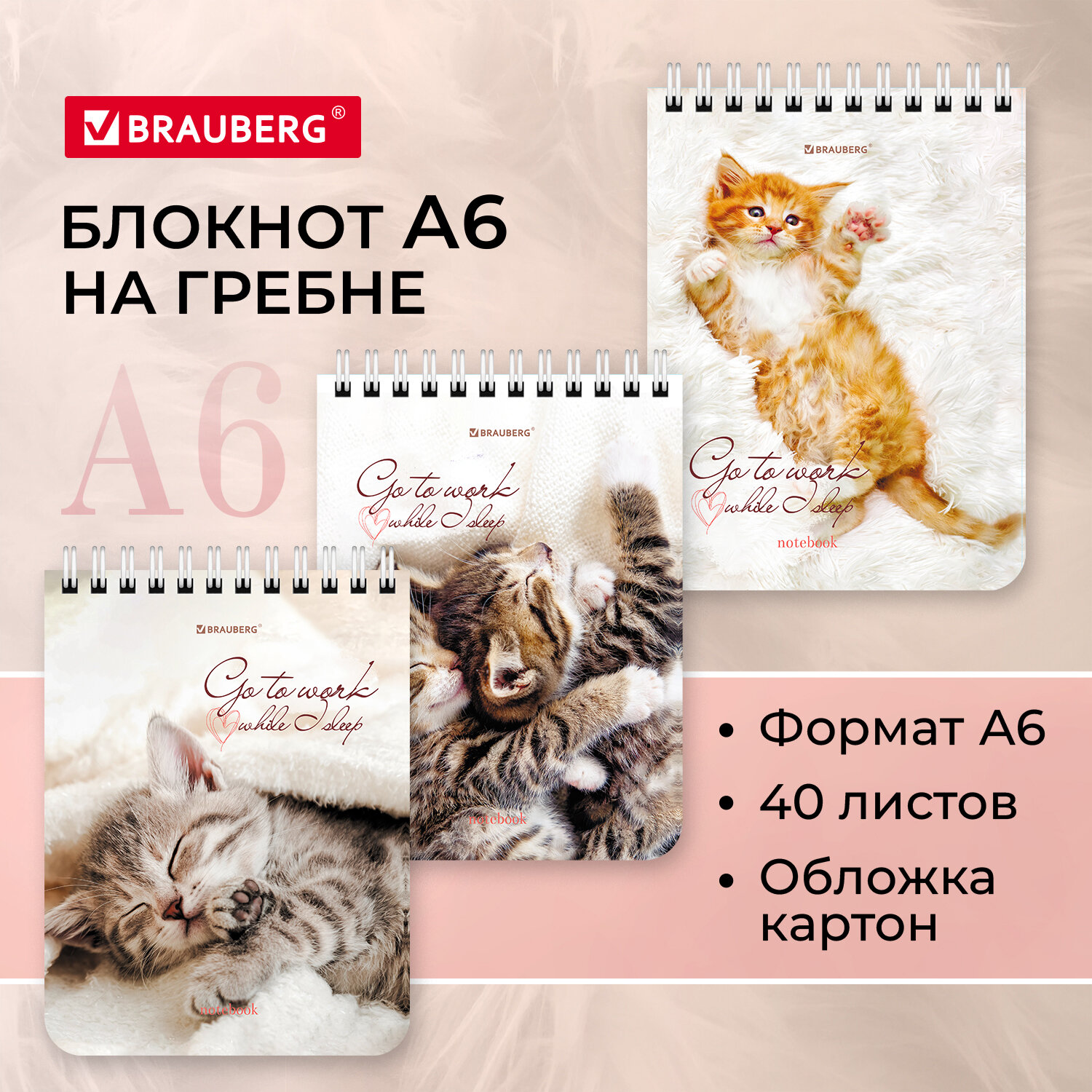 

Блокнот А6 108х145 мм, 40 л. картон, клетка, Brauberg, Милые котята, 114391, 24 шт