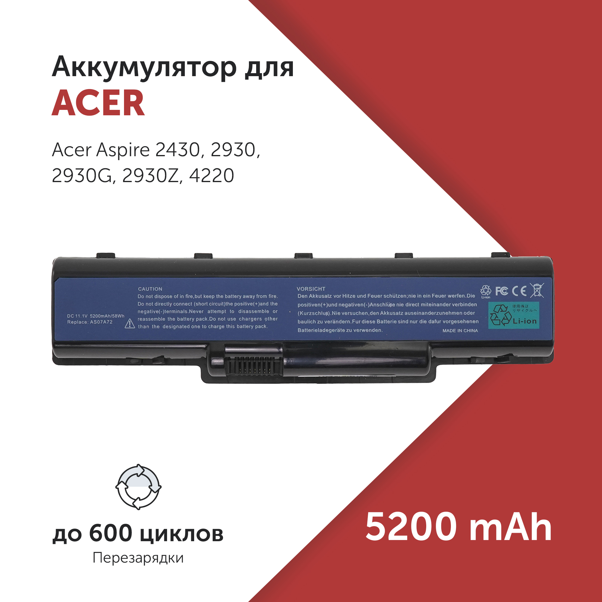 

Аккумулятор Azerty AS07A72 для Acer Aspire 4520 и др. 11.1V 5200mAh