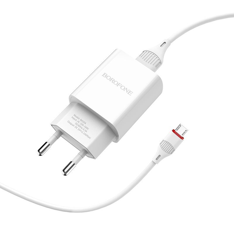 

Сетевое зарядное устройство Borofone BA20A Sharp + кабель Micro-USB, 2.1 А, 1 м, белый, BA20A Sharp