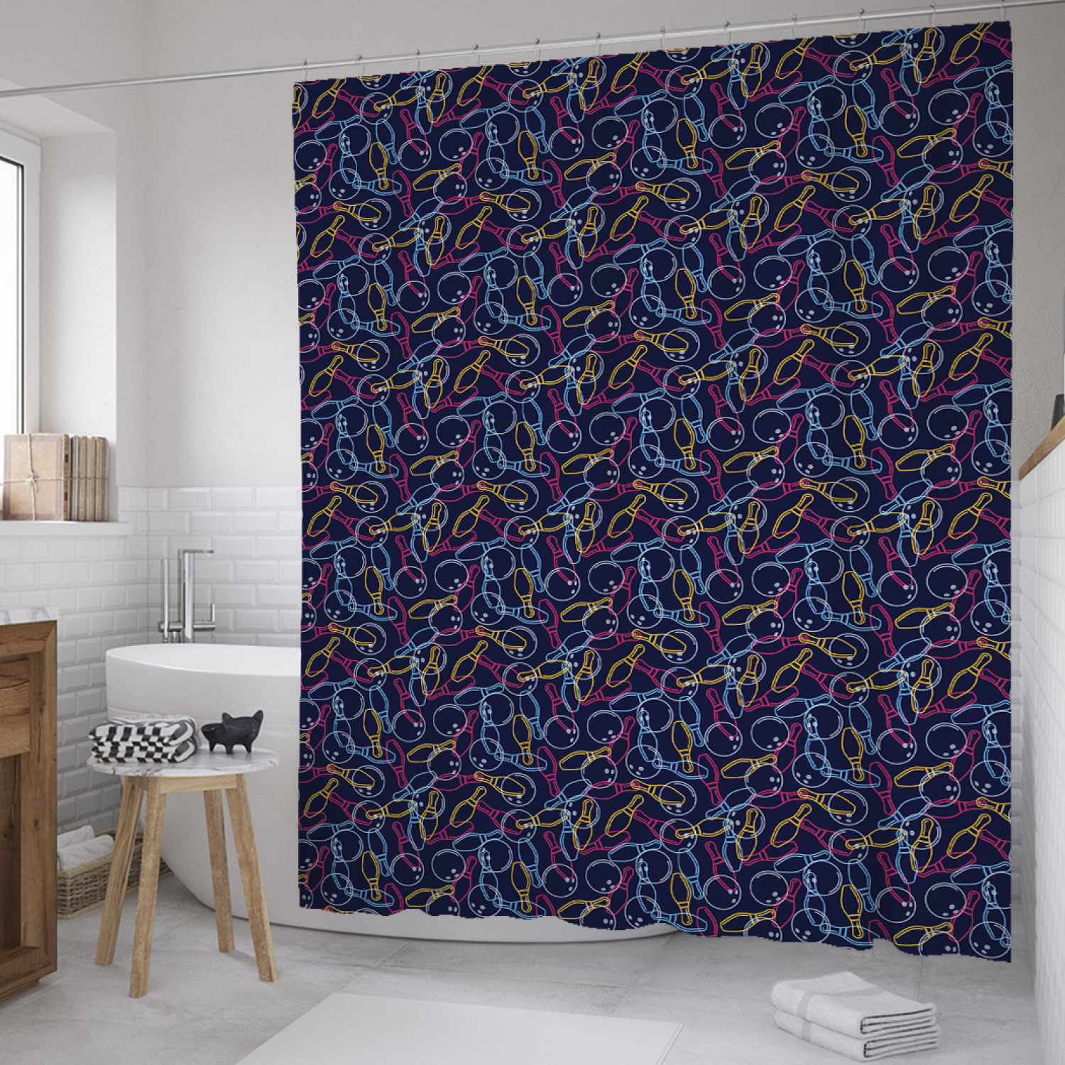 

Штора для ванной JoyArty "Контуры боулинга" из сатена, 180х200 см с крючками, Синий, Контуры боулинга