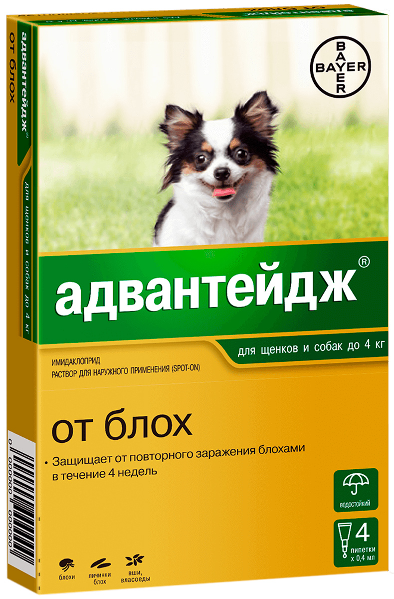 Капли от блох и вшей для собак Bayer Адвантейдж, массой до 4 кг, 0,4 мл, 4 пипетки