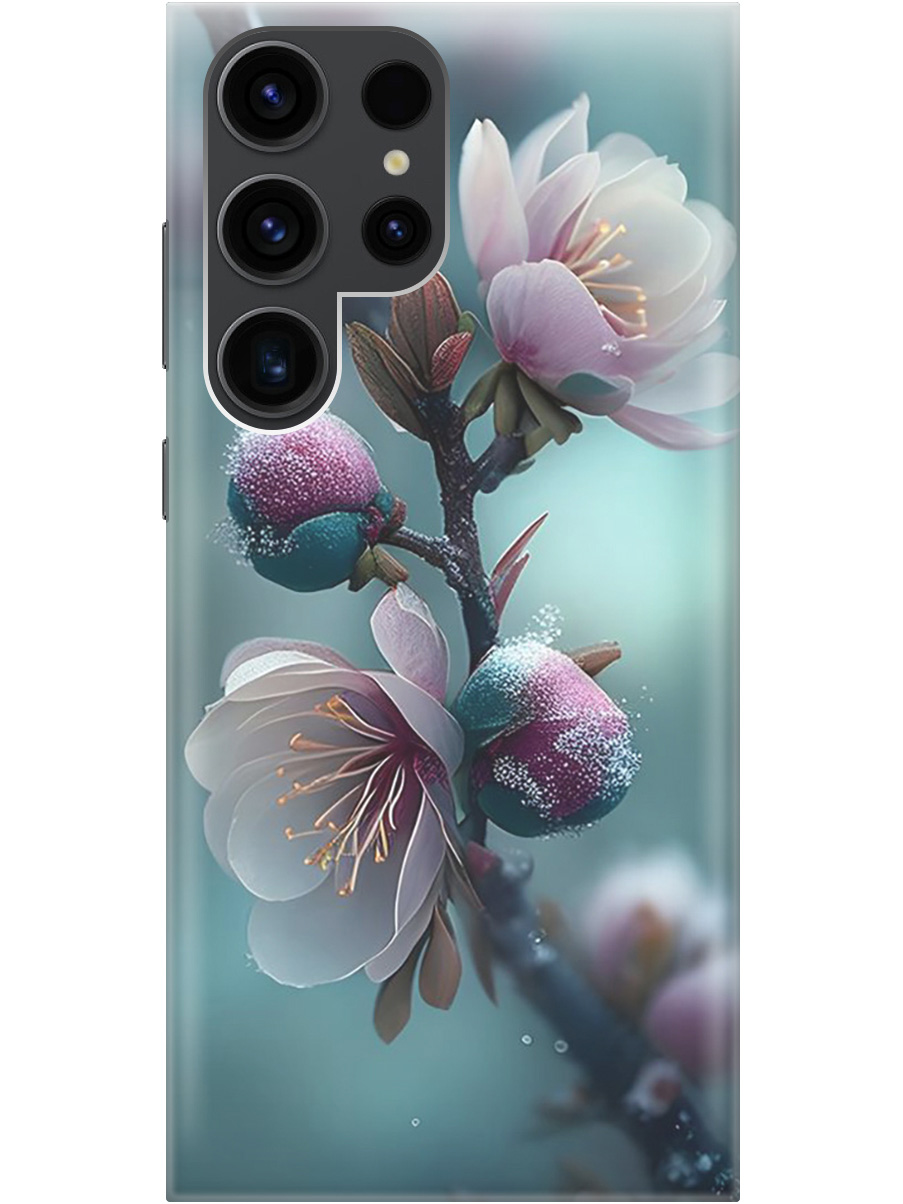 

Силиконовый чехол на Samsung Galaxy S23 Ultra с рисунком "Распускающиеся бутоны", Белый;голубой, 20000521