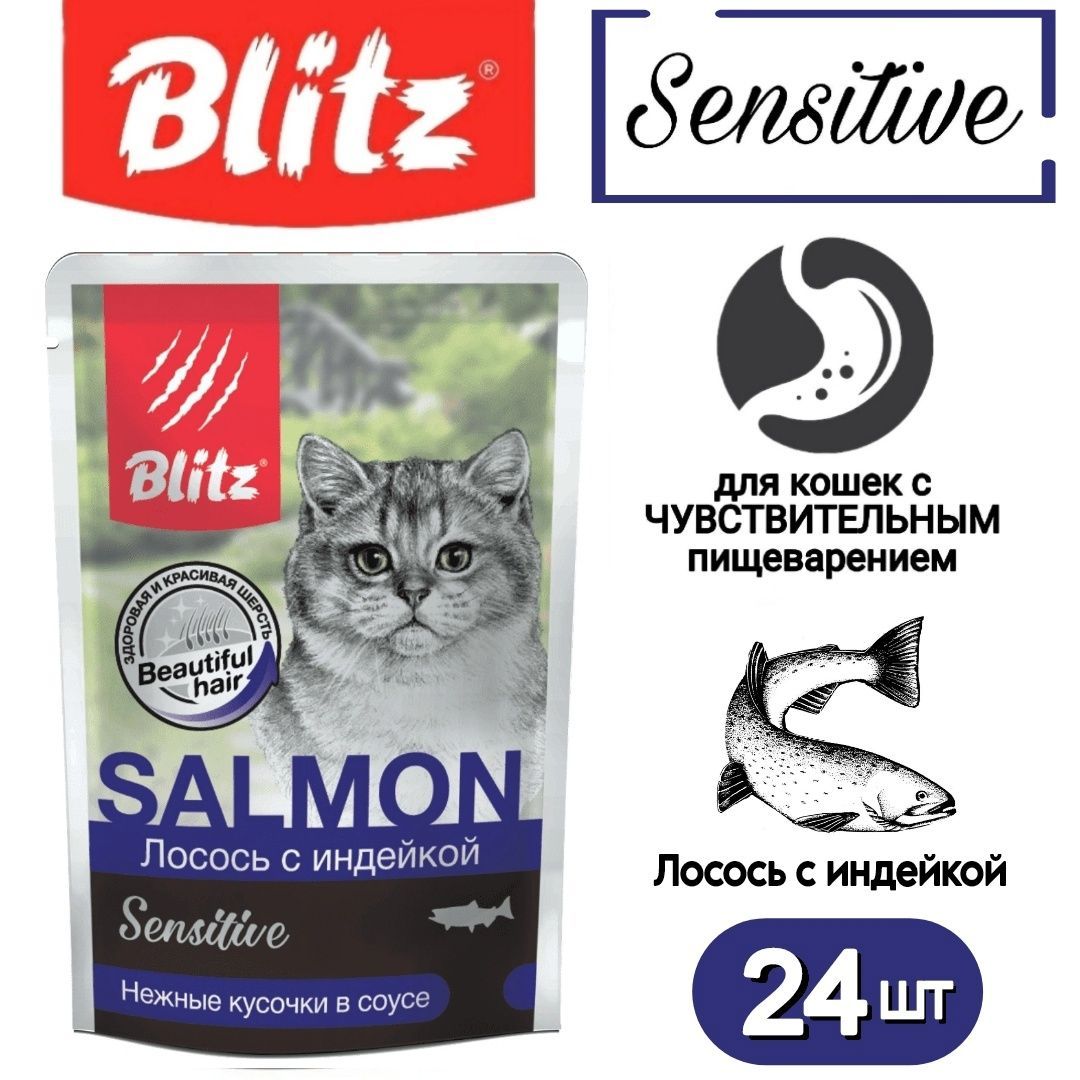 

Влажный корм для кошек Blitz Sensitive лосось с индейкой в соусе, 24шт по 85г
