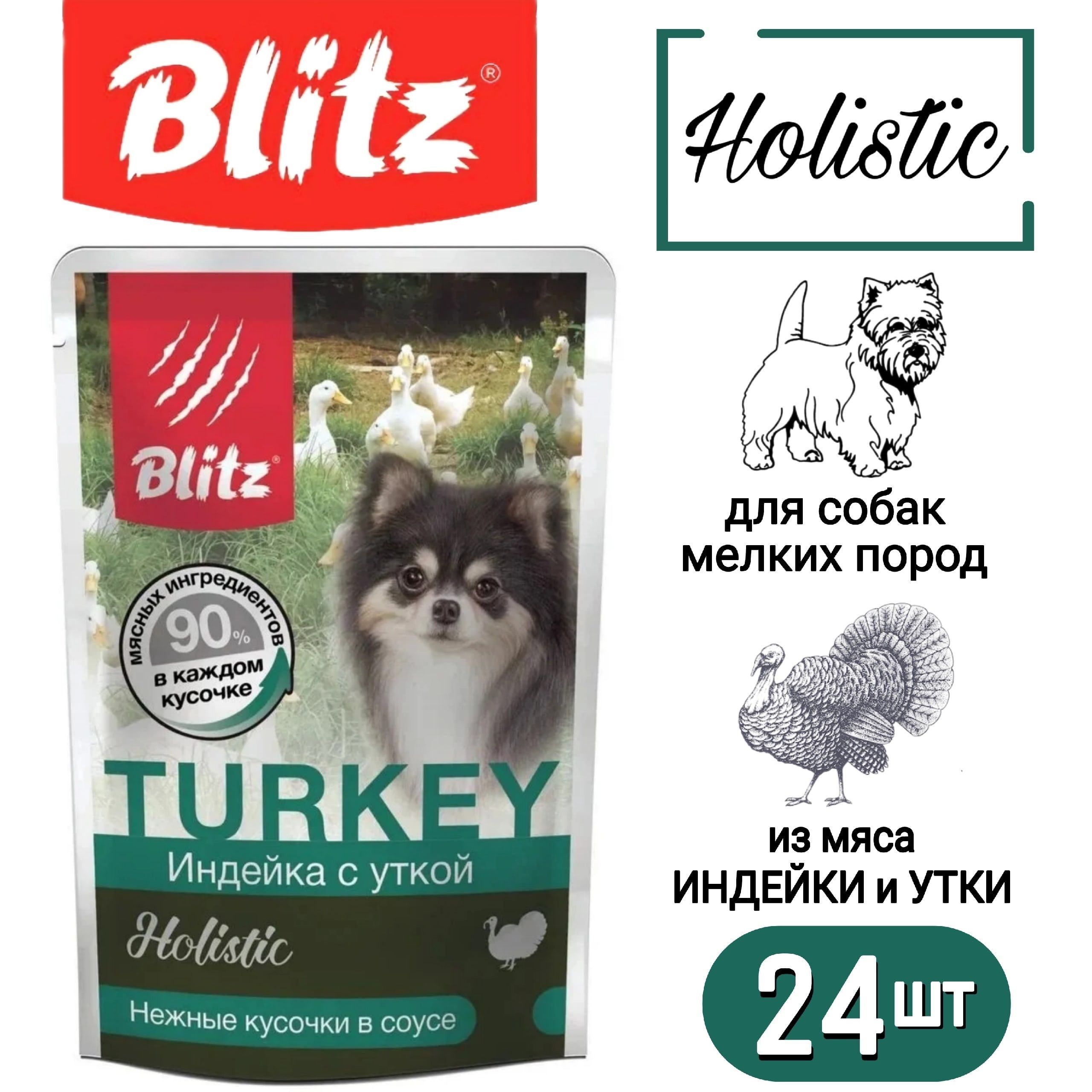 

Влажный корм для собак Blitz Holistic индейка с уткой, для мелких пород, 24шт по 85г