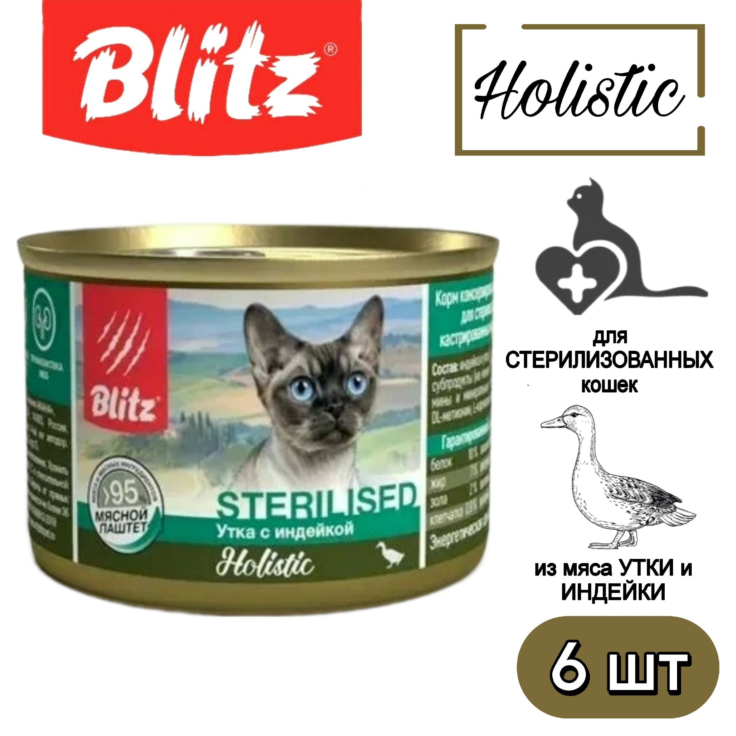 

Консервы для кошек Blitz Holistic Sterilised утка с индейкой паштет, 6шт по 200г