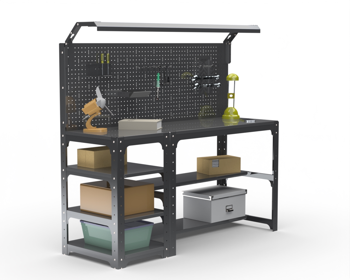 

Стол металлический Metalex серия KIT 750х1400х500 с бок. полк, перф. и освещ, серый