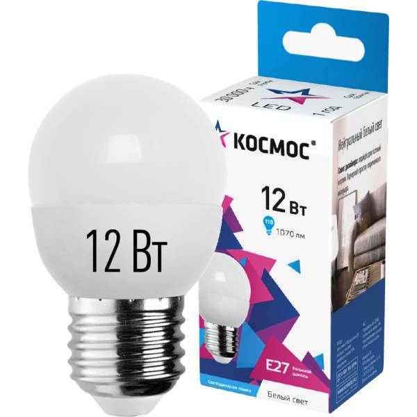 

Светодиодная лампа КОСМОС LED GL 12Вт 220В E27 4500K, LkeLED12wGL45E2745