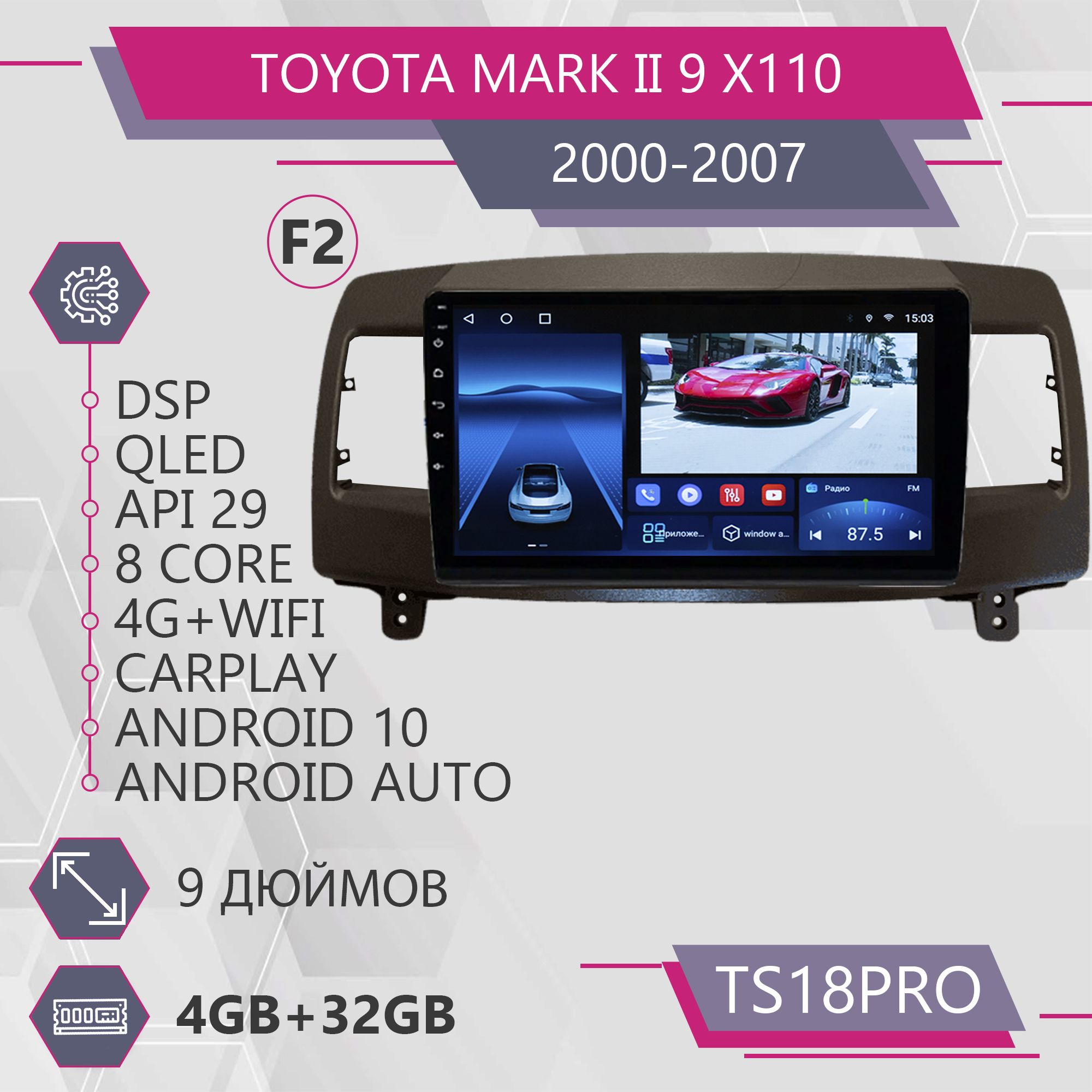 Магнитола Точка Звука TS18Pro для Toyota Mark II 9 X110 / Тойота Комплект F2 4+32GB