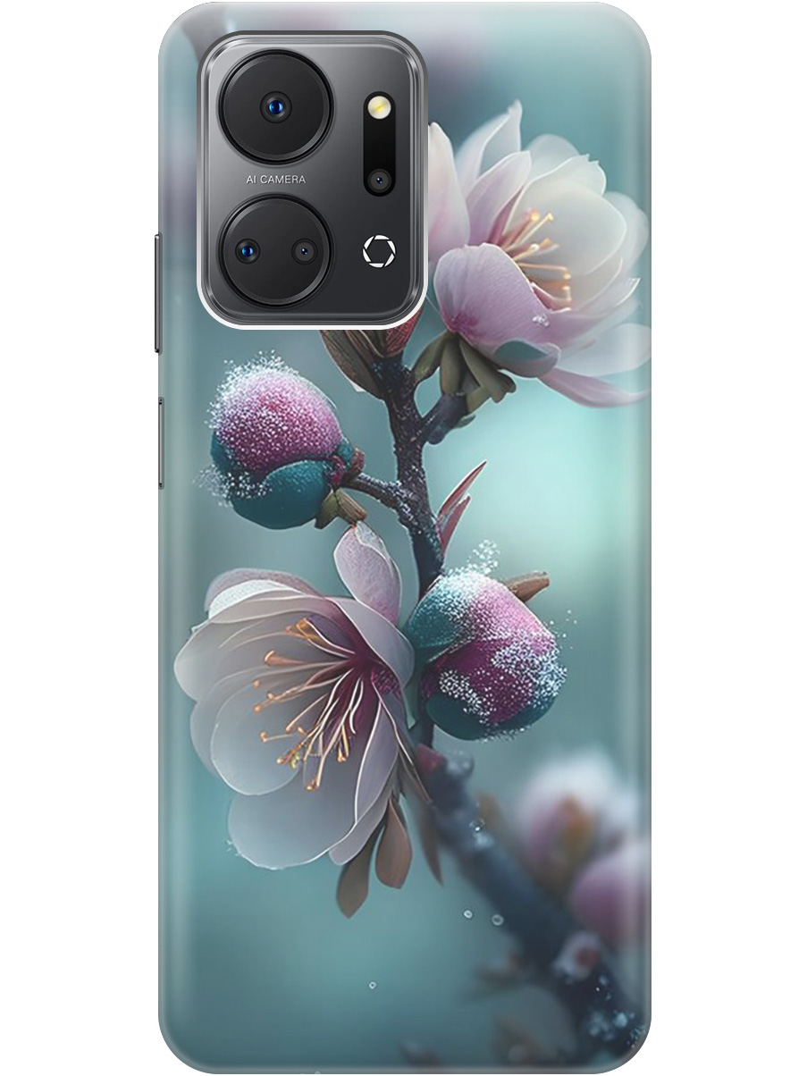 

Силиконовый чехол на Honor X7a с рисунком "Распускающиеся бутоны", Белый;голубой, 20000896