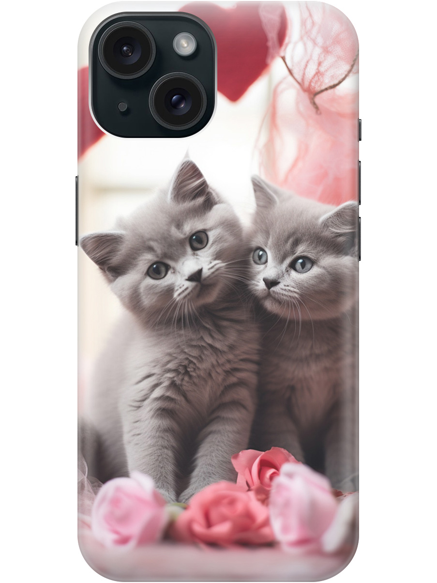 

Силиконовый чехол на Apple iPhone 15 с рисунком "Котики и сердечки", Красный;серый, 20000001