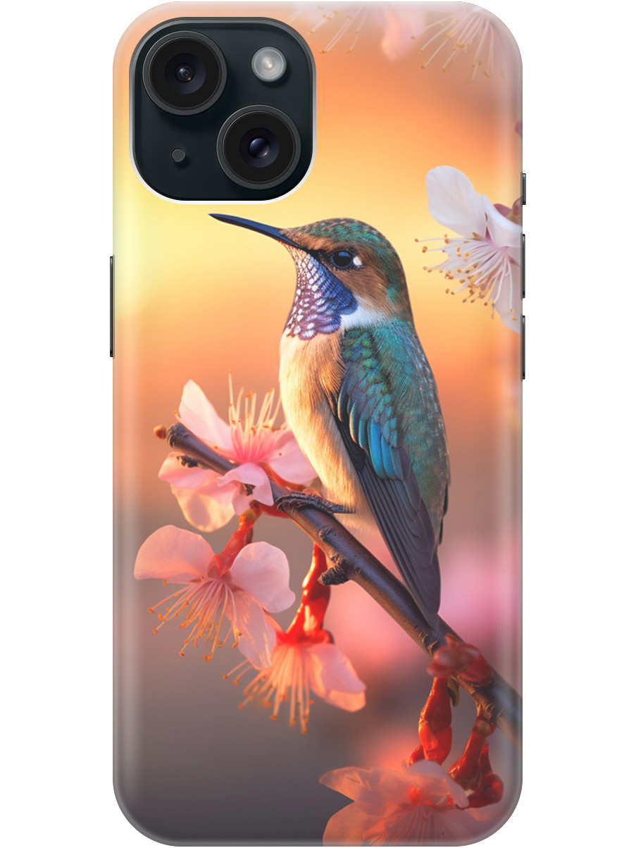 

Силиконовый чехол на Apple iPhone 15 с рисунком "Птичка и закат", Желтый;красный, 20000001