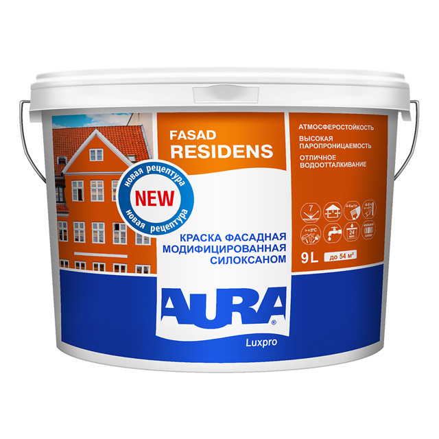 

Краска фасадная с силоксаном AURA Residens база TR (9л), Прозрачный
