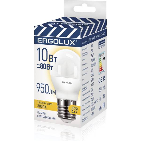 

Светодиодная лампа Camelion Ergolux LED-G45-10W-E27-3K (Шар 10Вт E27 3000K 220-240В ПРОМО)