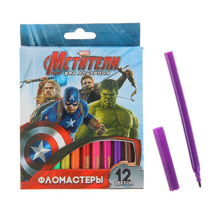 

Фломастеры "Marvel. Мстители", 12 цветов, Синий;оранжевый;розовый;красный;желтый;зеленый;голубой;бирюзовый;коричневый;черный