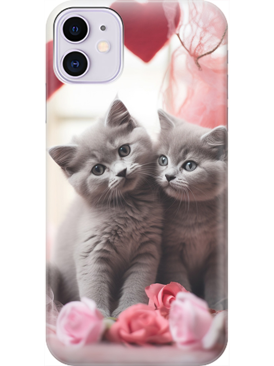 

Силиконовый чехол на Apple iPhone 11 с рисунком "Котики и сердечки", Красный;серый, 20000889