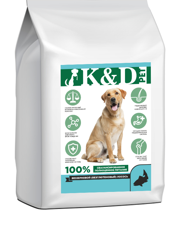 Сухой корм для собак K&D pet, для средних и крупных пород, беззерновой, лосось, 16 кг