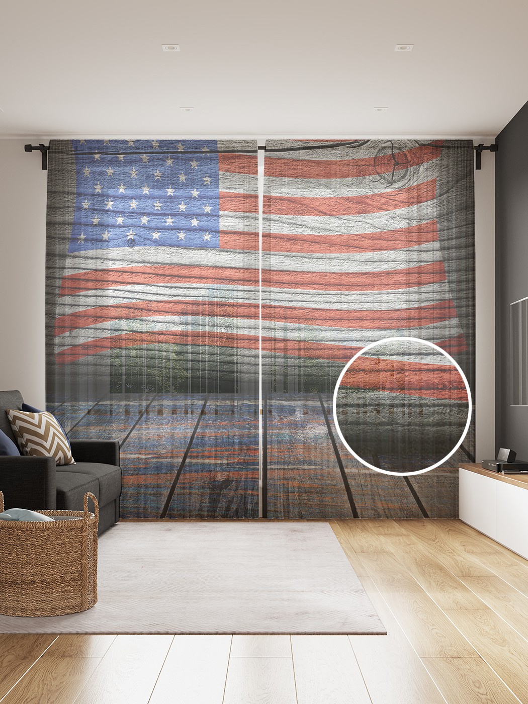 фото Фототюль joyarty "флаг сша на половице", 145x265см, 2 полотна, лента, 50 крючков