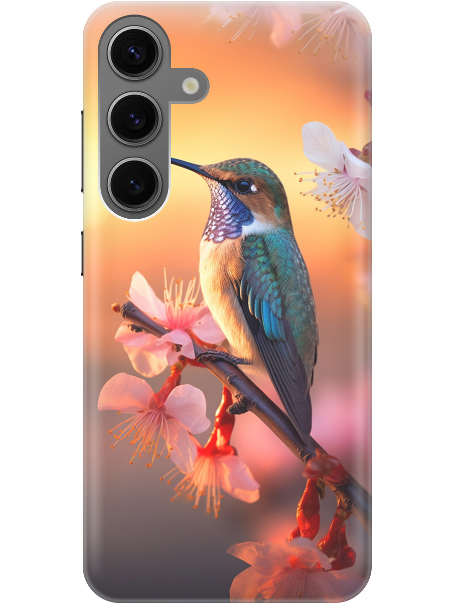 

Силиконовый чехол на Samsung Galaxy S24 с рисунком "Птичка и закат", Желтый;красный, 20011913