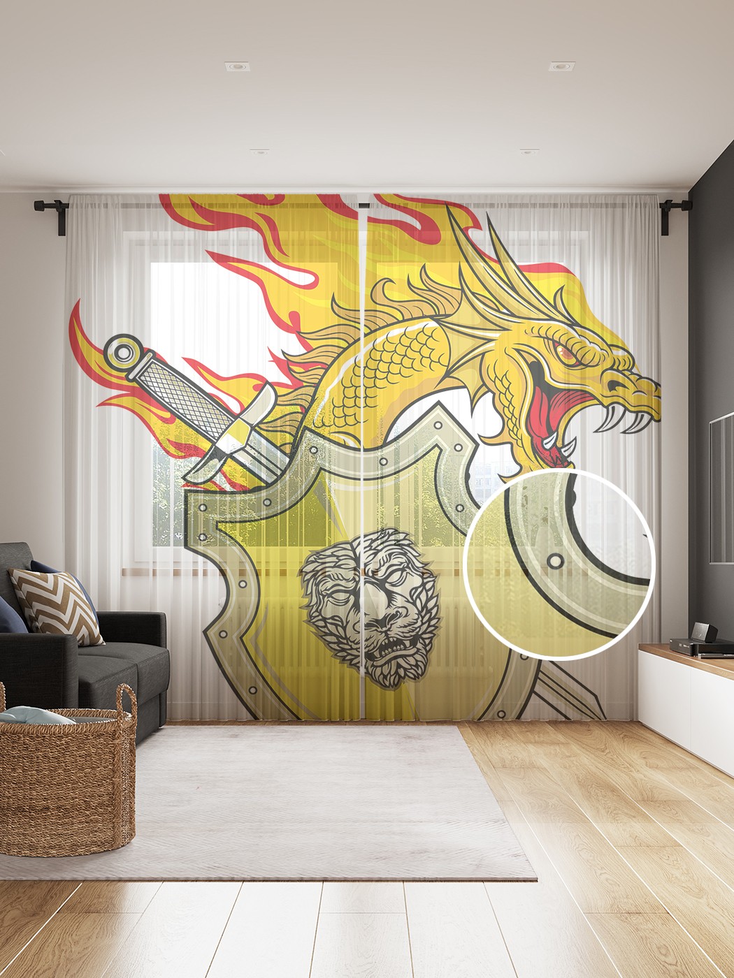 фото Фототюль joyarty "дракон и щит", 145x265см (2 полотна со шторной лентой + 50 крючков)
