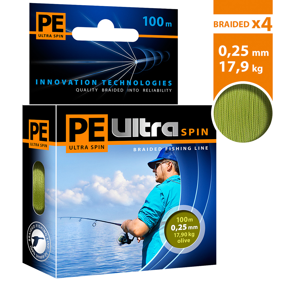 Плетеный шнур AQUA PE ULTRA SPIN Olive 0,25mm 100m, цвет - оливковый, test - 17,90kg