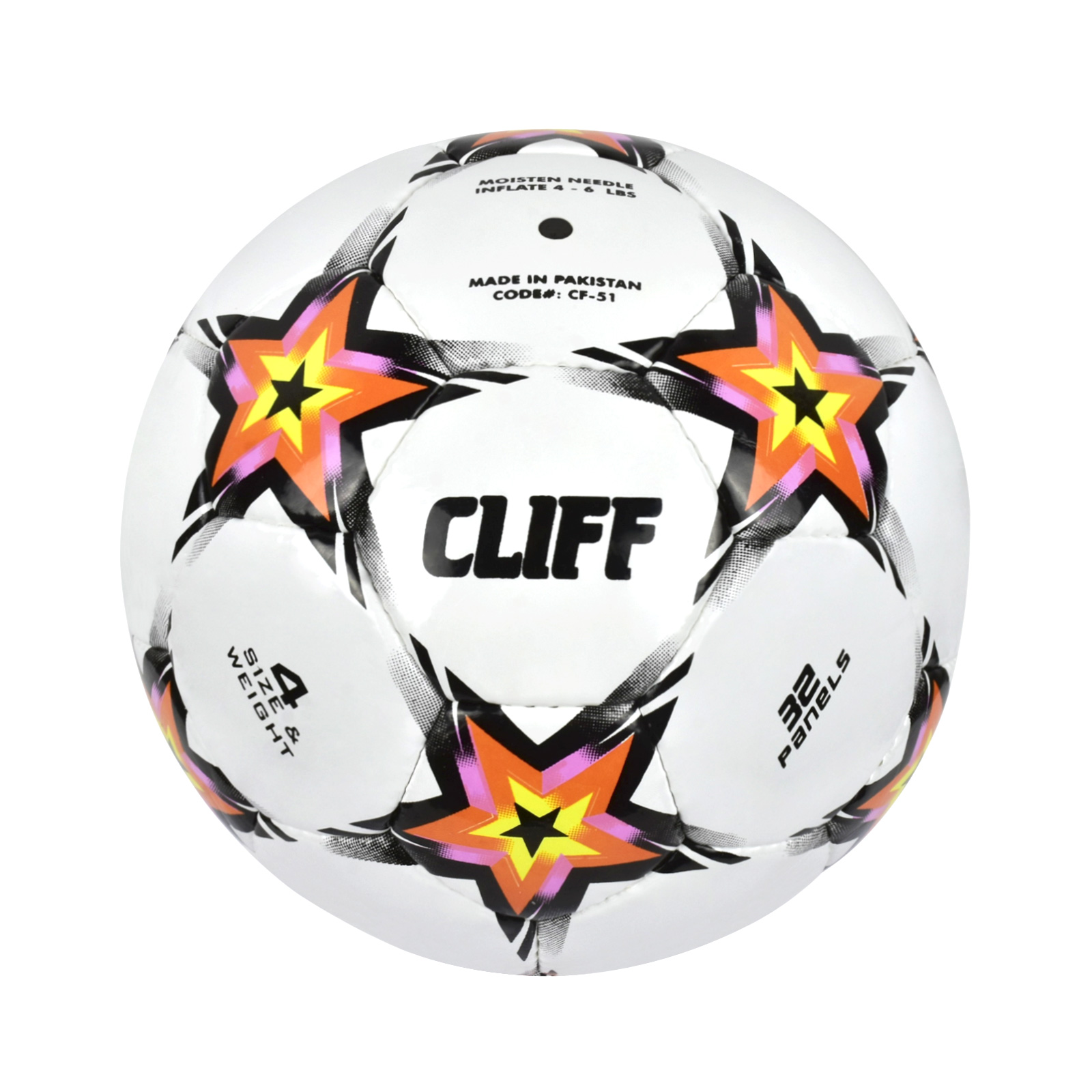 

Мяч футбольный CLIFF CF-51, 4 размер,с отскоком, PU Shine, бело-оранжевый (звезды), Белый