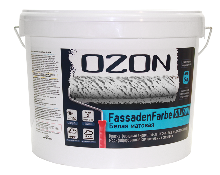 Краска фасадная OZON Fassadenfarbe Silikon ВД-АК-115С-12 С (бесцветная) 9л обычная фасадная краска ozon