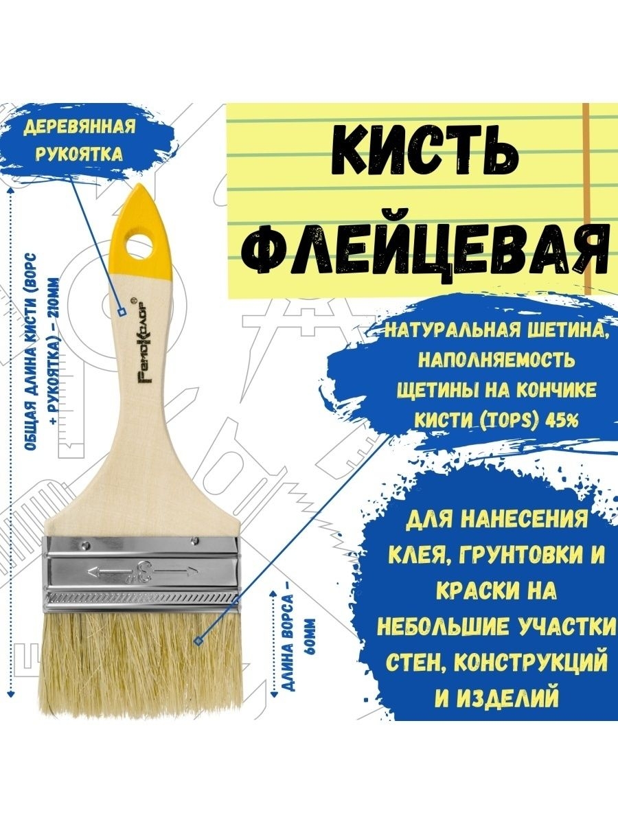 

Кисть малярная, кисточка плоская флейцевая натуральная 75мм, 01-1-430